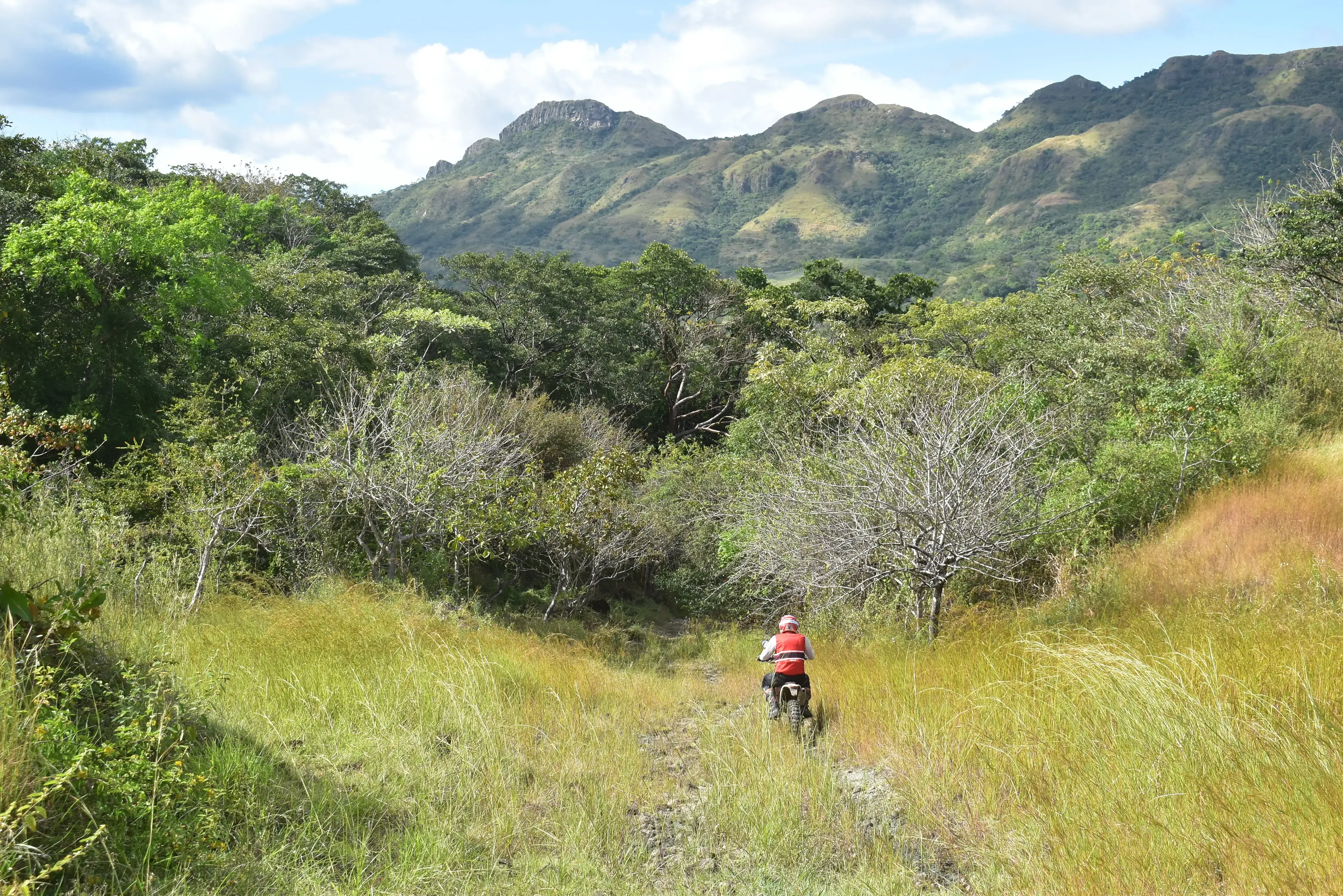 A motorcycle rider in panama riding down a steep hill.